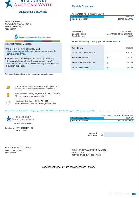 Download USA New Jersey American water business utility bill Word and PDF template Photoshop template